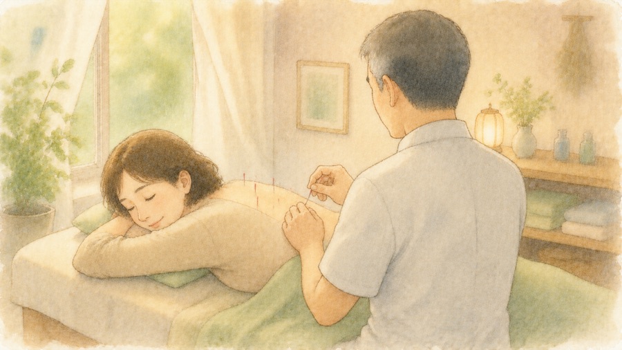鍼灸を受ける女性のイラスト