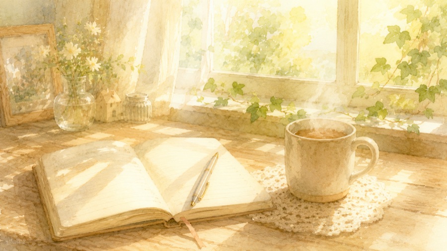 窓辺の日記帳とコーヒーのイラスト