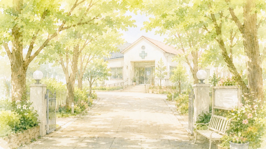 並木道の先にあるクリニックのイラスト