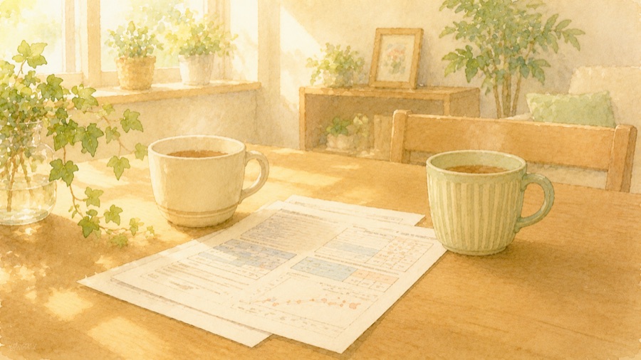 テーブルの上の検査結果とカップ2つのイラスト