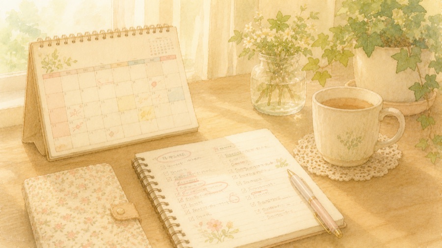 カレンダーと予定を書き込んだノートのイラスト