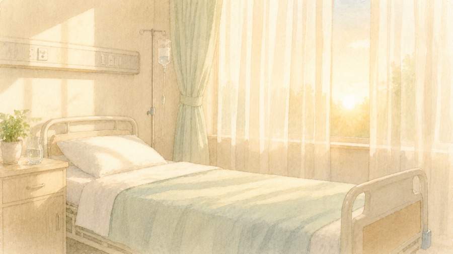 朝日が差し込む病室のベッドと点滴スタンドのイラスト