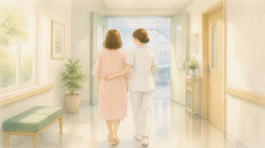 看護師さんに付き添われて処置室へ向かうイラスト