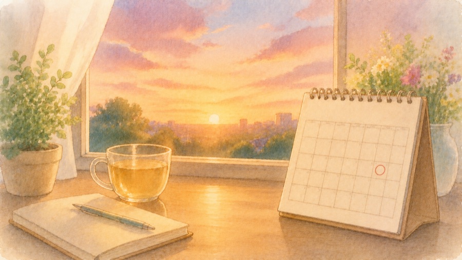 赤丸をつけたカレンダーと夕焼けの窓辺のイラスト