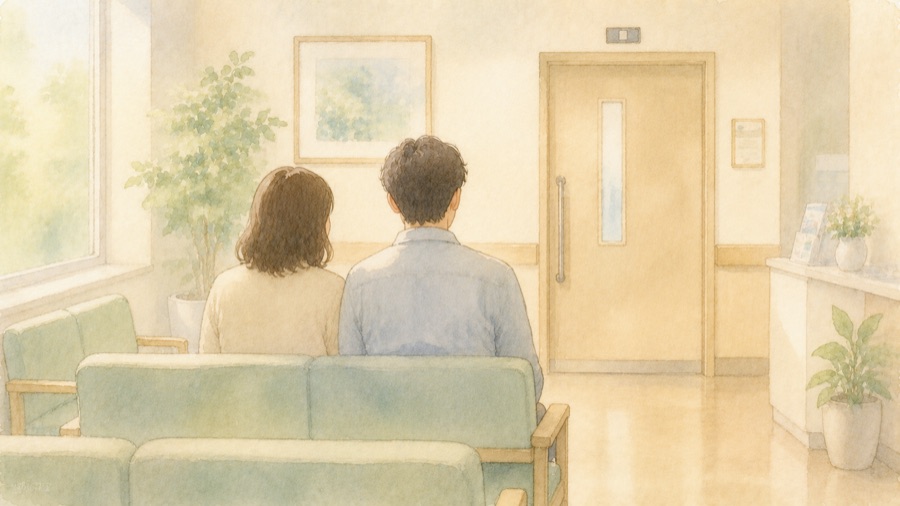 待合室に並んで座る夫婦の後ろ姿のイラスト