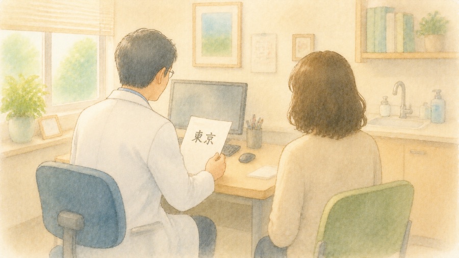 診察室で「東京」と書かれた紙を見せる医師のイラスト