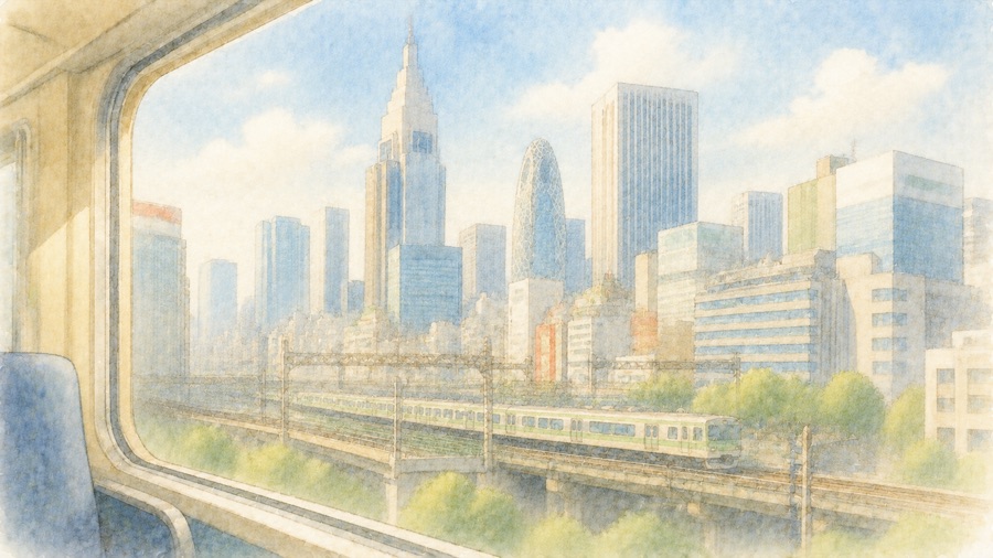 電車の窓から見える東京・新宿のビル群のイラスト