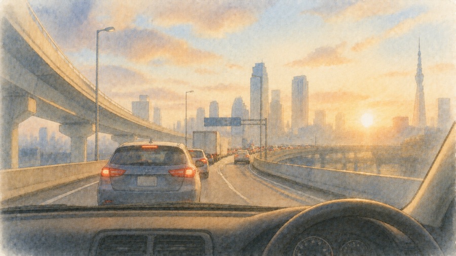 首都高の渋滞と朝焼けの東京のイラスト