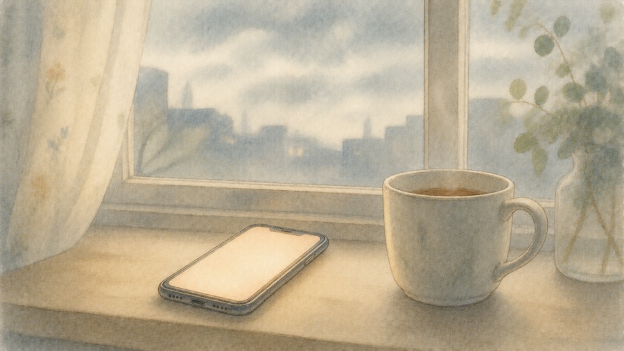 曇り空の窓辺に置かれたスマートフォンと紅茶のイラスト