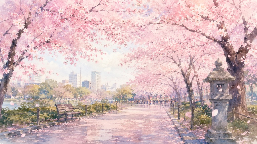 満開の桜が咲く上野公園の並木道のイラスト