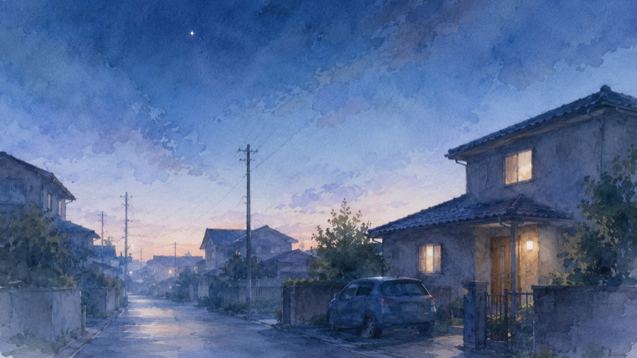 夜明け前の住宅街と出発を待つ車のイラスト