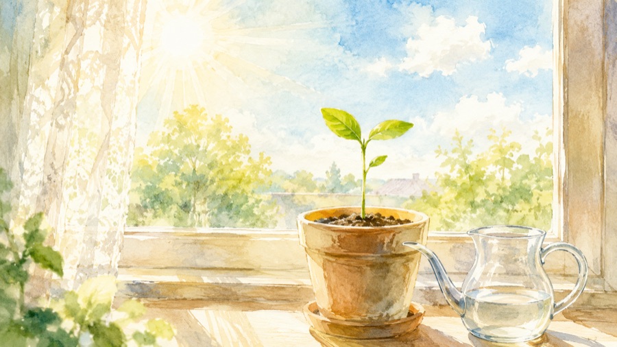 朝日の差す窓辺で若い芽が伸びている鉢植えのイラスト