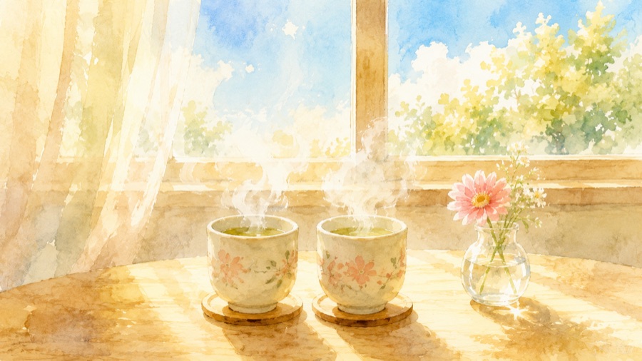 晴れた窓辺のテーブルに並ぶ二つの湯のみと一輪の花のイラスト