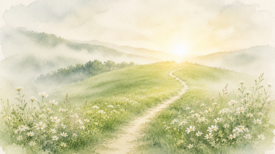 朝もやの中、白い野の花の咲く丘へ続く一本道と、その先にのぼる朝日の水彩イラスト